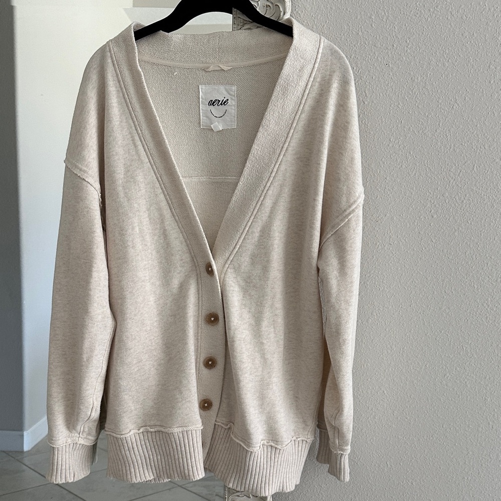 Aerie Oatmeal Oversized Boyfriend Button-Up Cardigan